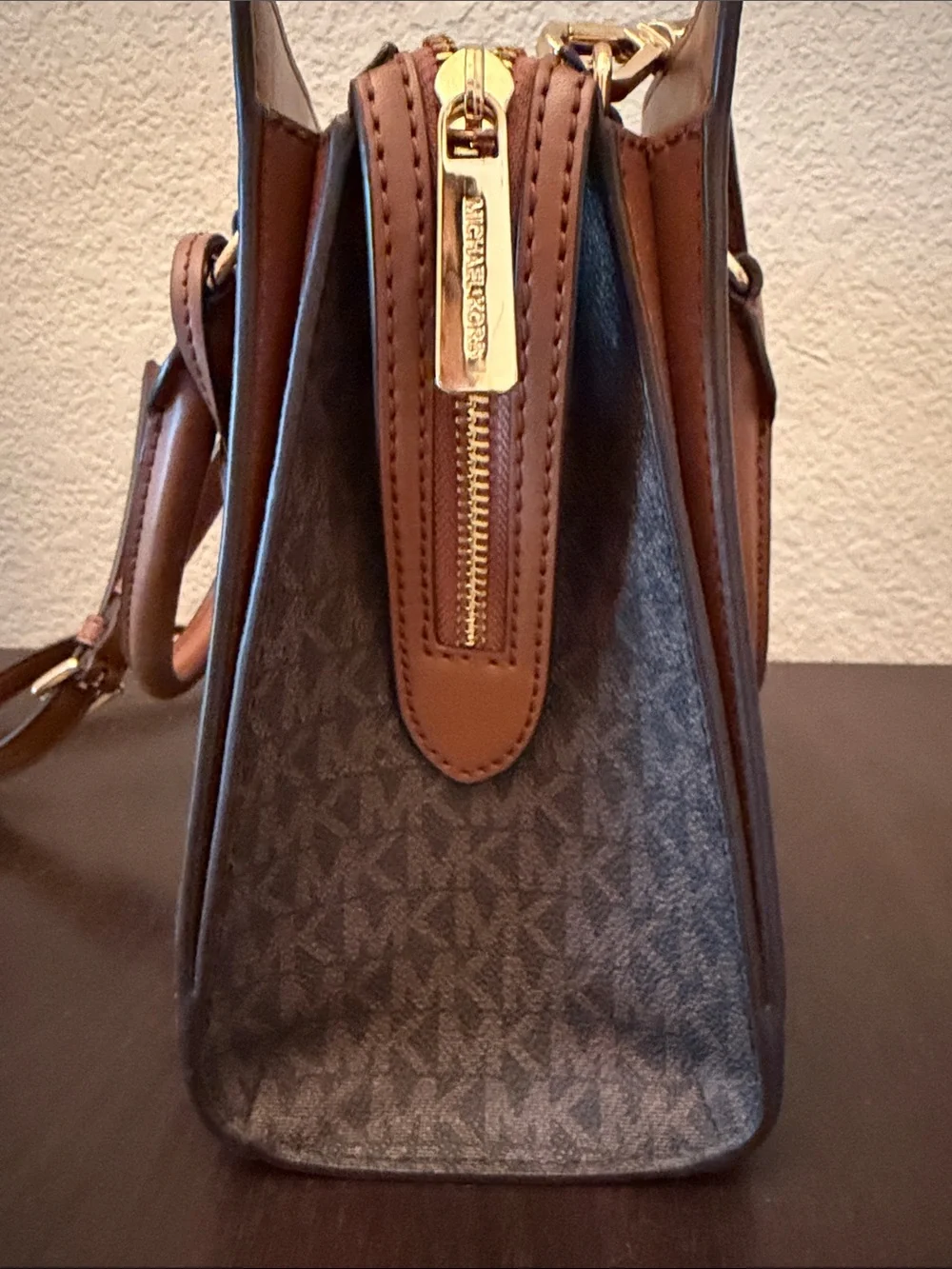 Michael Kors Brown Logo Satchel with Gold Hardware